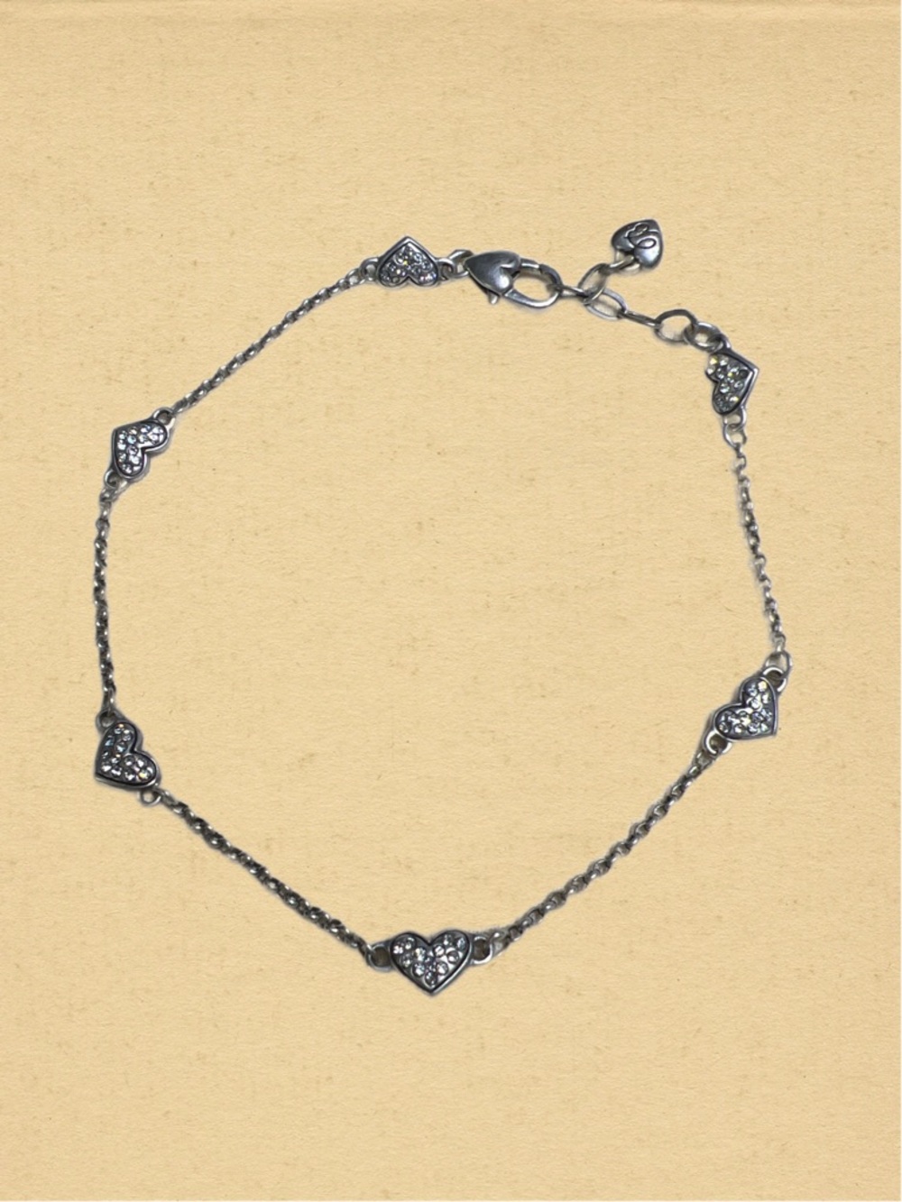 Brighton KISS N TELL Silverplated Anklet Ankle Bracelet Hearts W Crystals